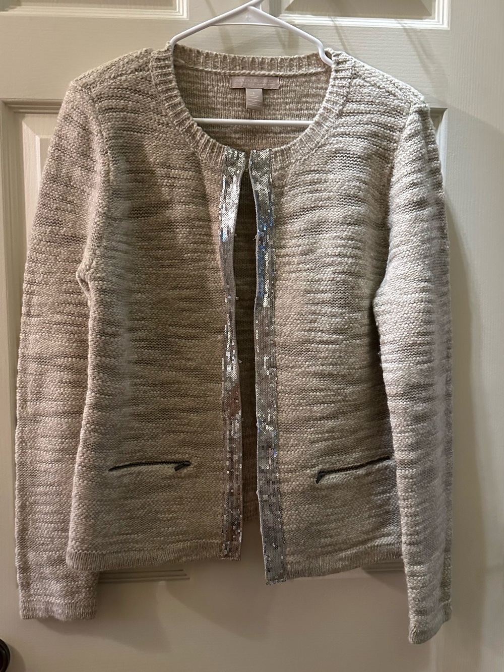 Banana Republic Beige Sequin-Trim Knit Cardigan